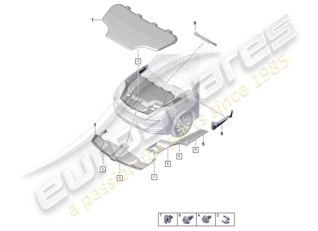 porsche 2022 (cayenne e3 9ya/9yb) sound absorber engine bay front end cover panel part diagram