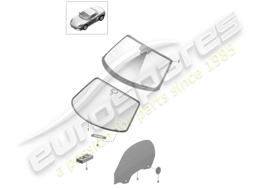 porsche 2022 (718 boxster) windscreen side window rear window part diagram