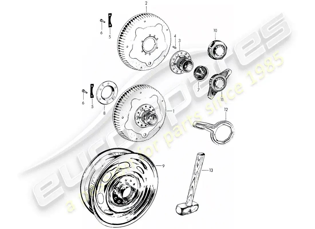 porsche 1957 (356/356a) perforated disc wheel - central locking parts diagram