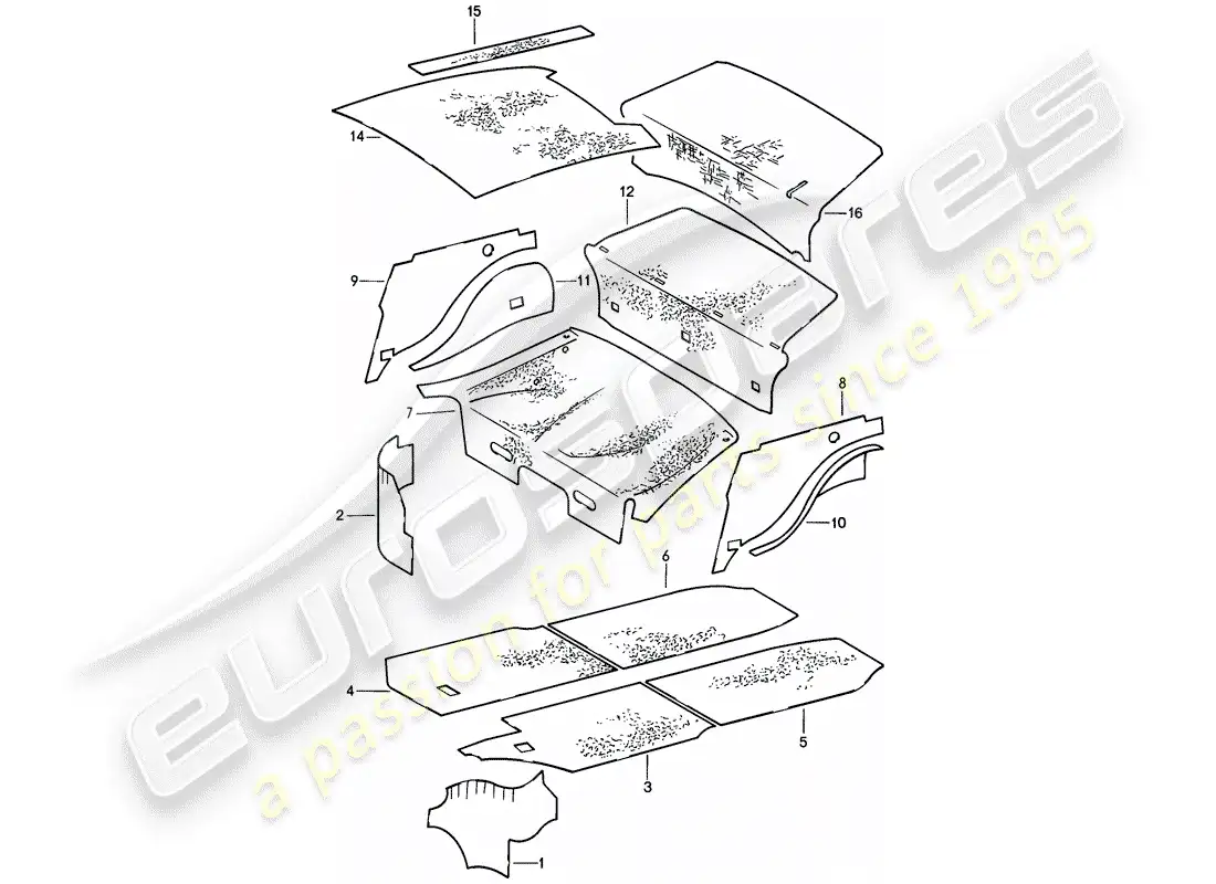porsche 1987 (911) body shell - sound absorbers parts diagram