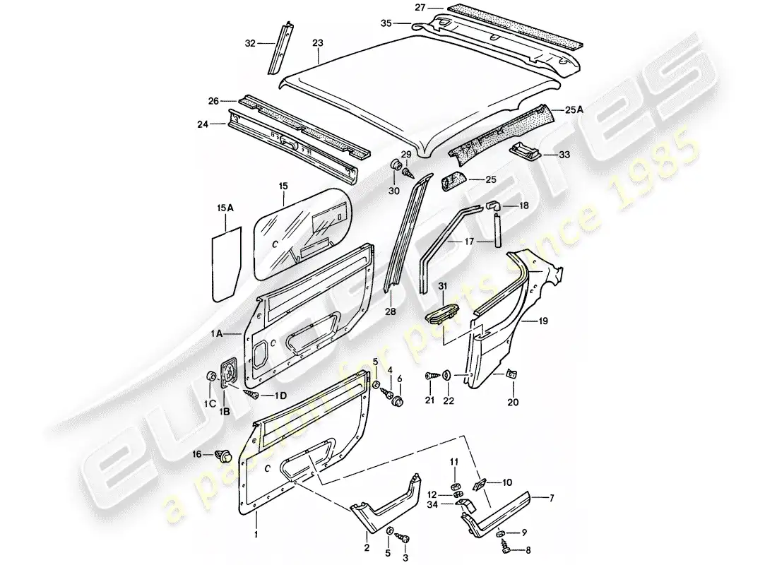 porsche 1983 (944) door panel - roof trim panel parts diagram