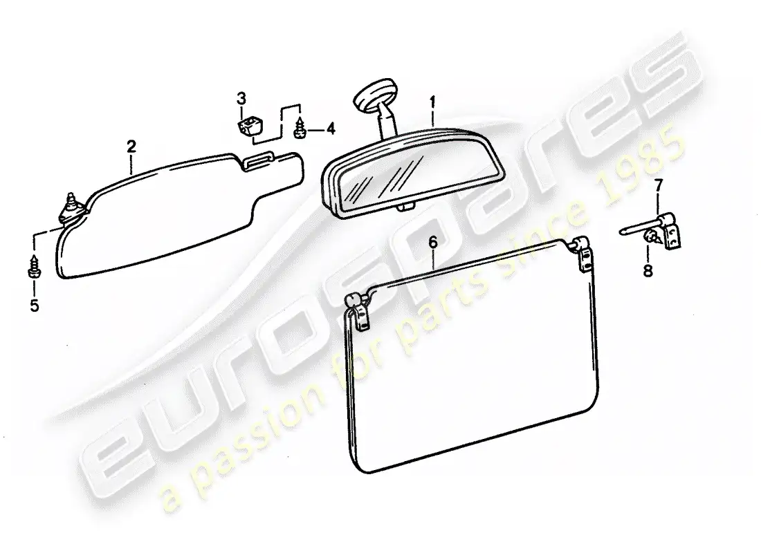 porsche 1994 (928) sun vizor - rear view mirror inner parts diagram