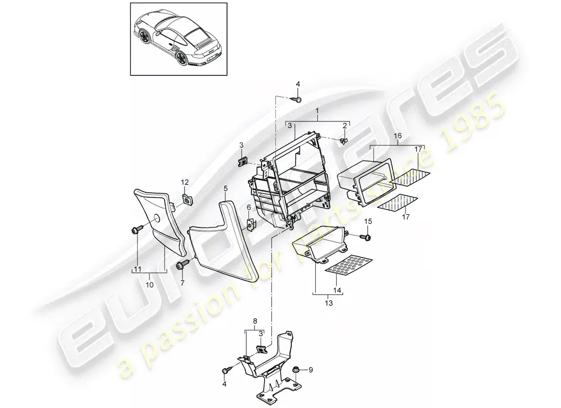 porsche 2013 (997-2 turbo / gt2 rs) center console parts diagram