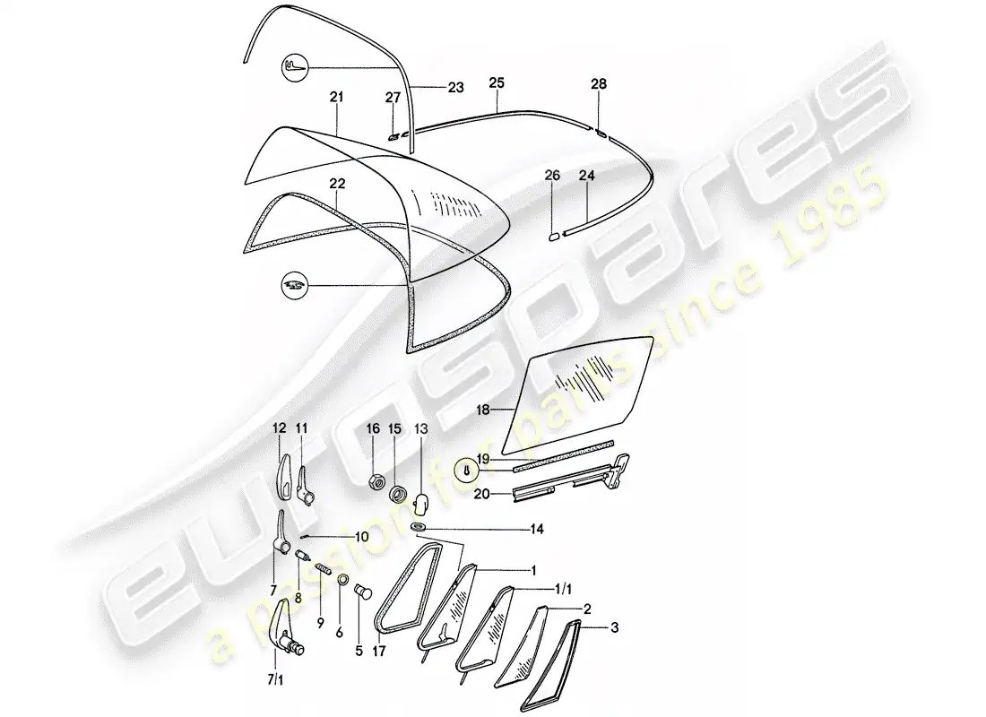 porsche 1974 (911) window glazing parts diagram