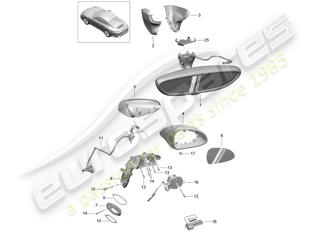 porsche 2020 (991-2) rear view mirror inner parts diagram