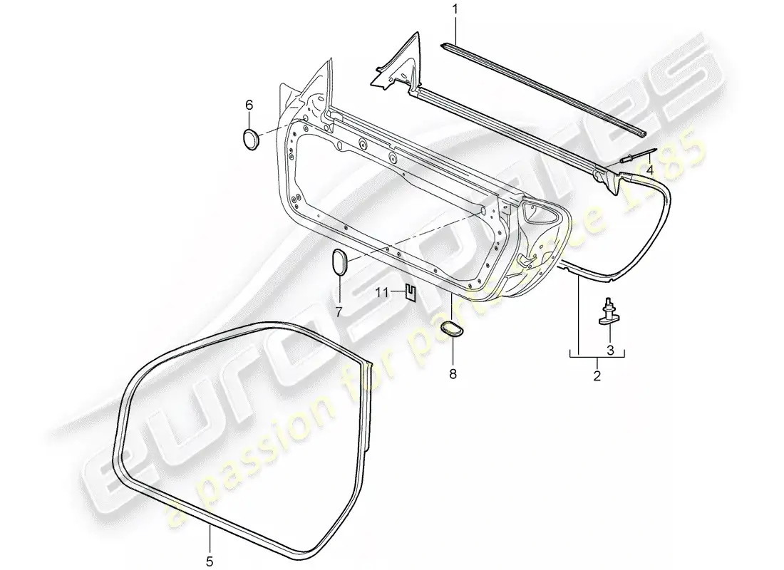 porsche 2008 (997-1 gt3) door seal parts diagram