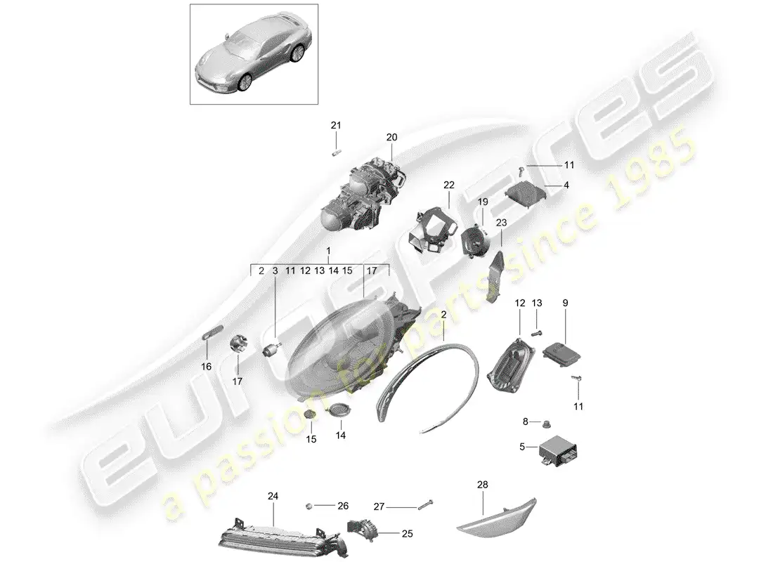porsche 2014 (991-1 turbo) headlamp parts diagram