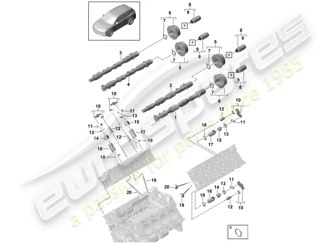 porsche 2019 (cayenne e3 9ya/9yb) camshaft, valves parts diagram