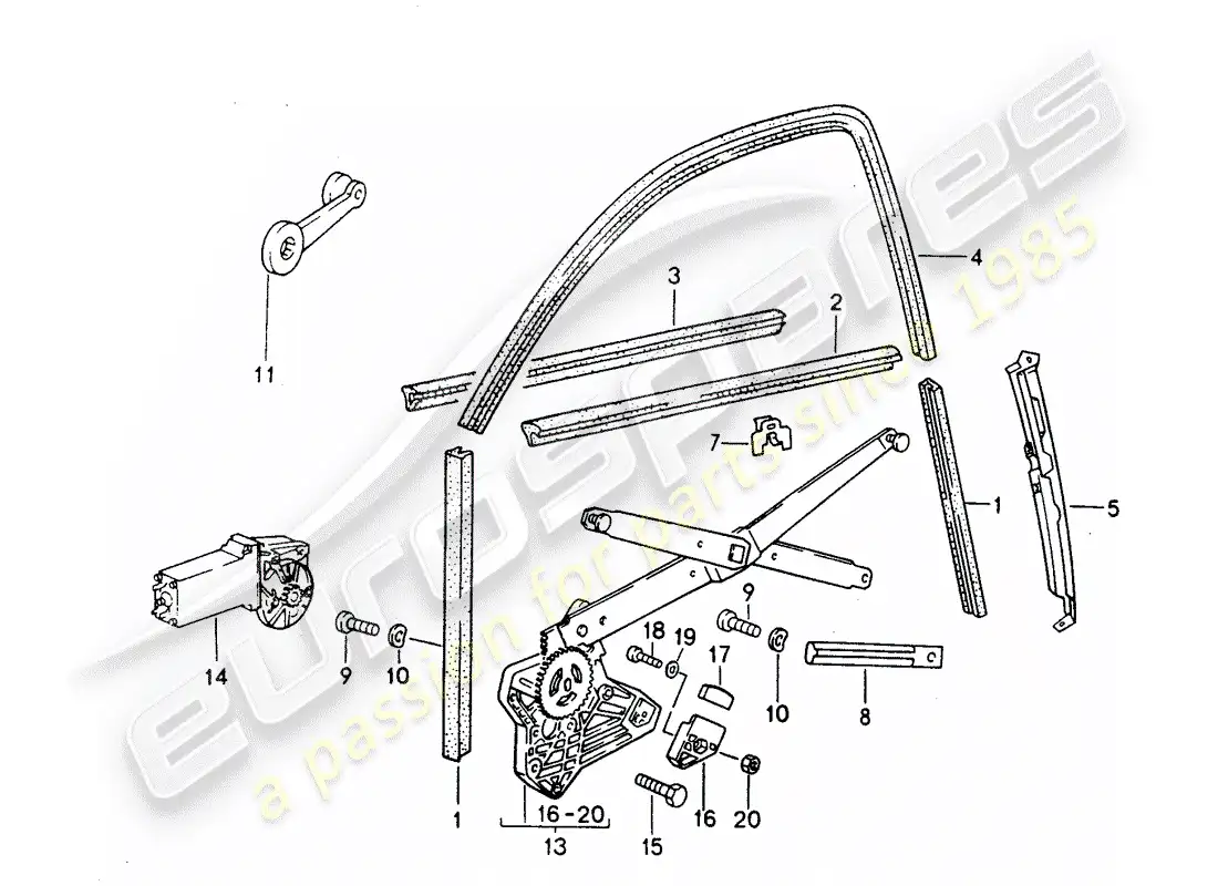 porsche 1992 (968) window regulator - glass channel parts diagram