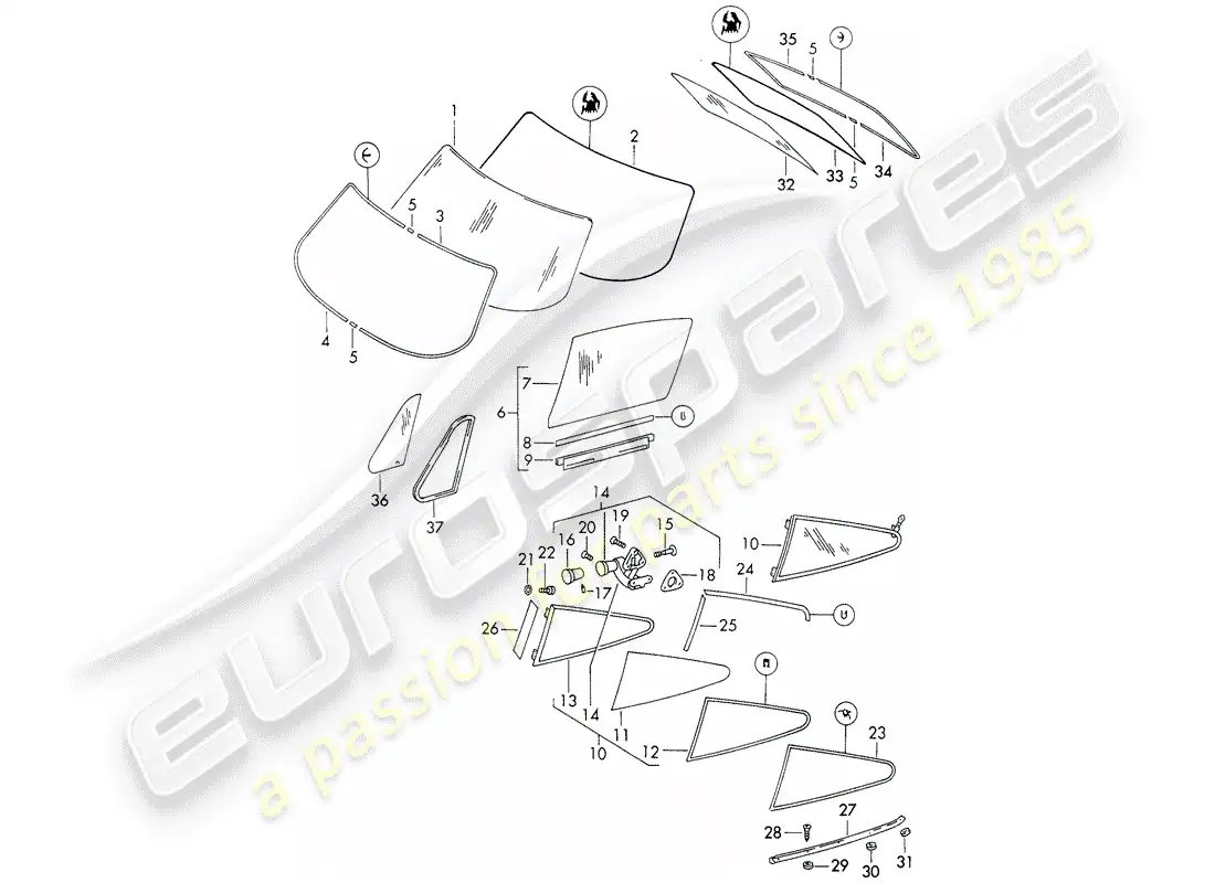 porsche 1966 (911/912) window glazing - d - mj 1969>> parts diagram