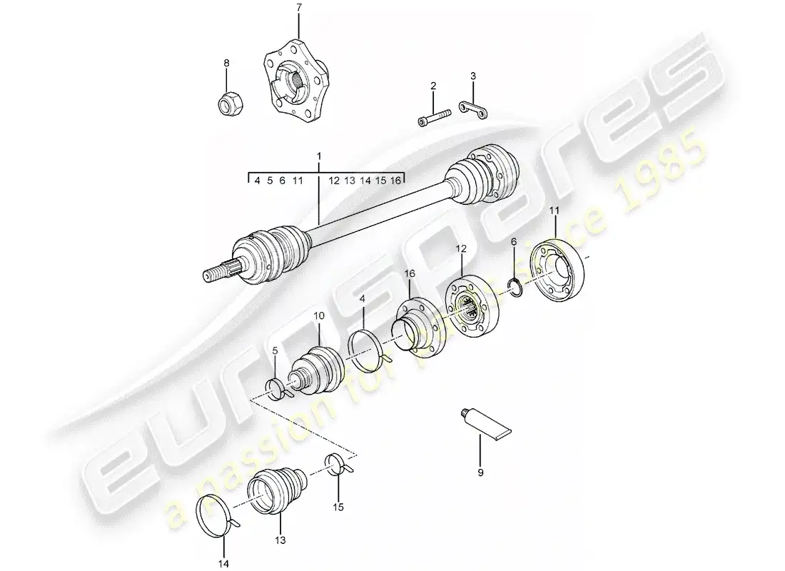 porsche 2002 (996 gt3) drive shaft - wheel hub parts diagram