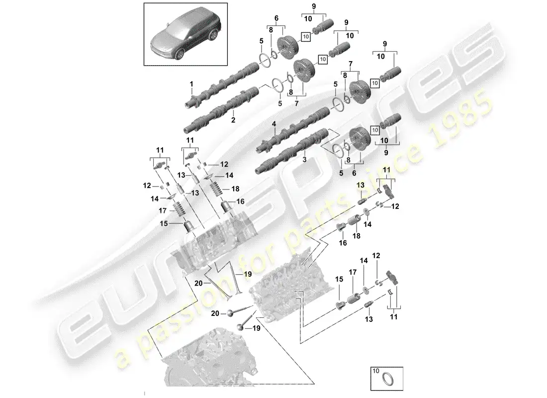 porsche 2020 (cayenne e3 9ya/9yb) camshaft, valves part diagram
