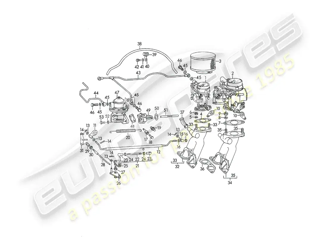 porsche 1958 (356/356a) carburetor - solex 32pbj - solex 40pjcb - and - fuel supply line parts diagram