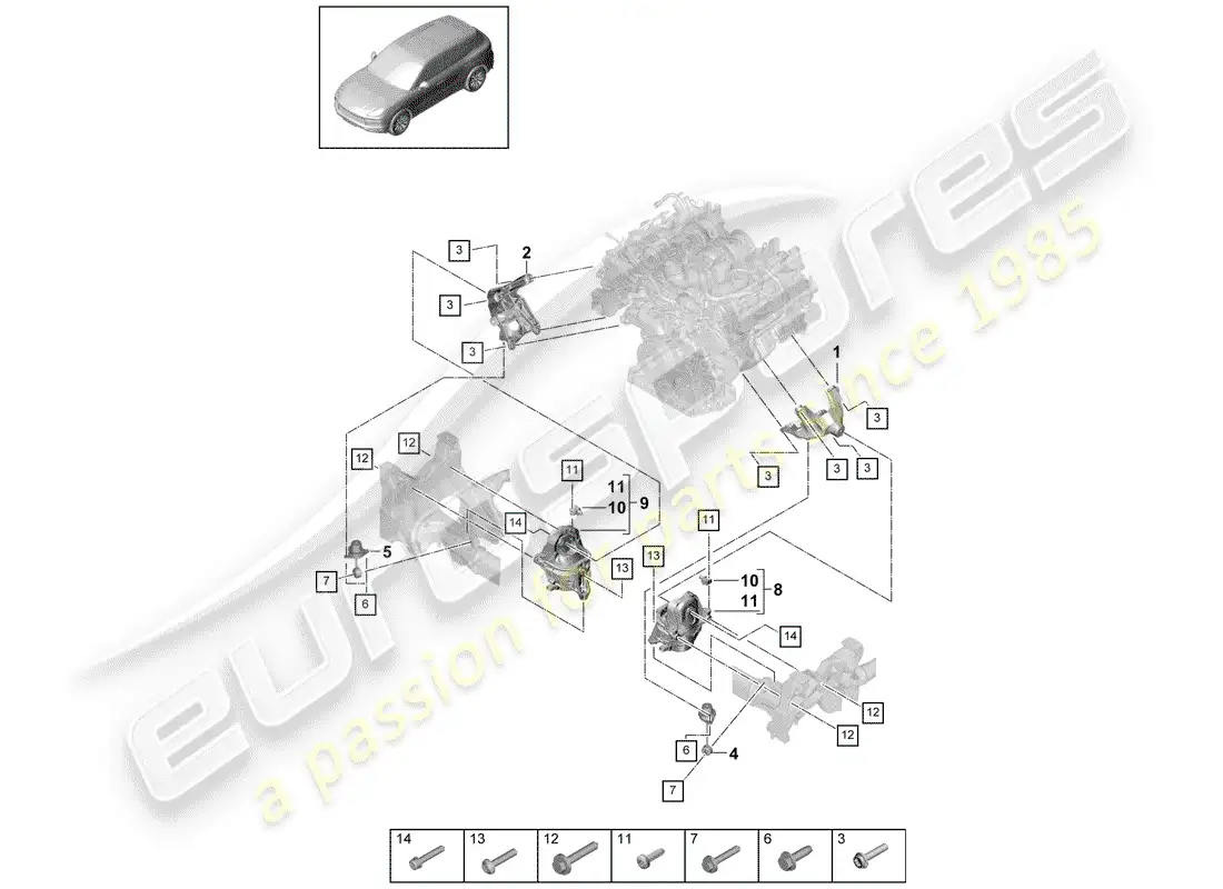 porsche 2019 (cayenne e3 9ya/9yb) engine lifting tackle parts diagram