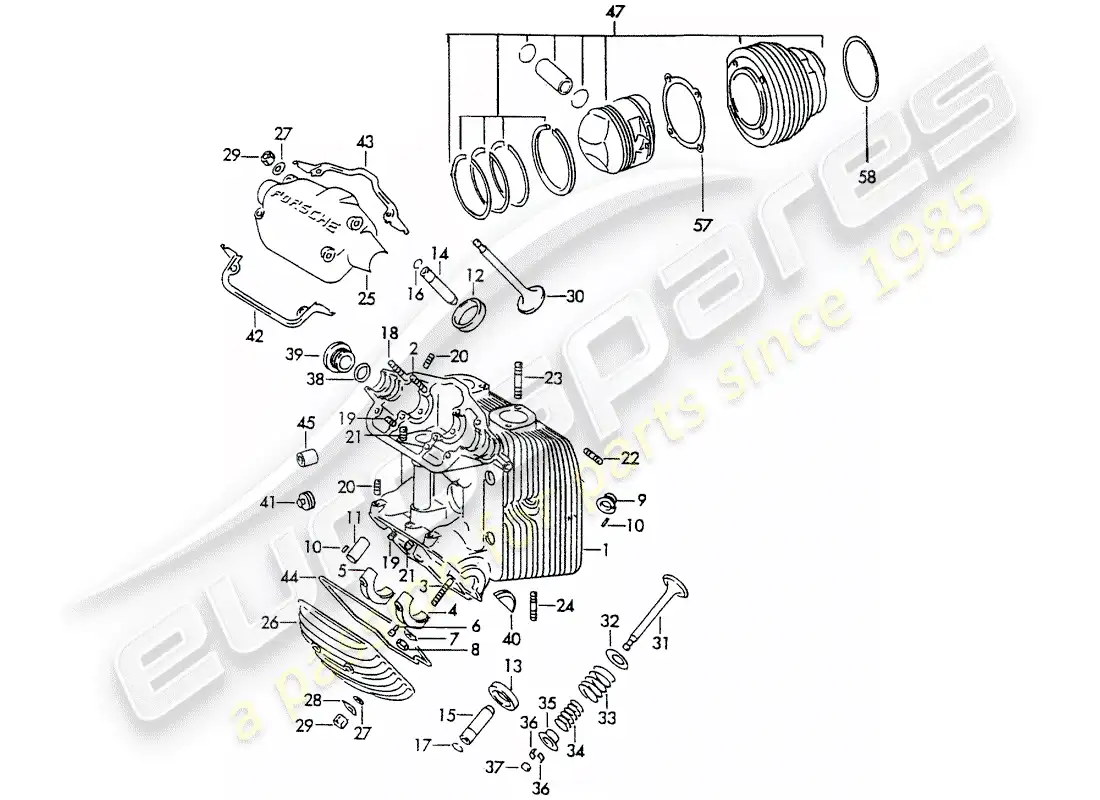porsche 1961 (356b/356c) cylinder head - cylinder with pistons parts diagram