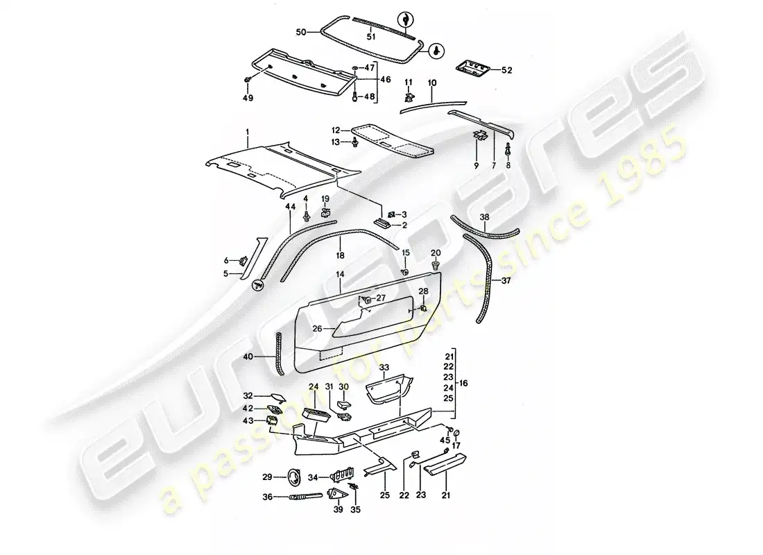porsche 1992 (928) door panel - roof trim panel parts diagram