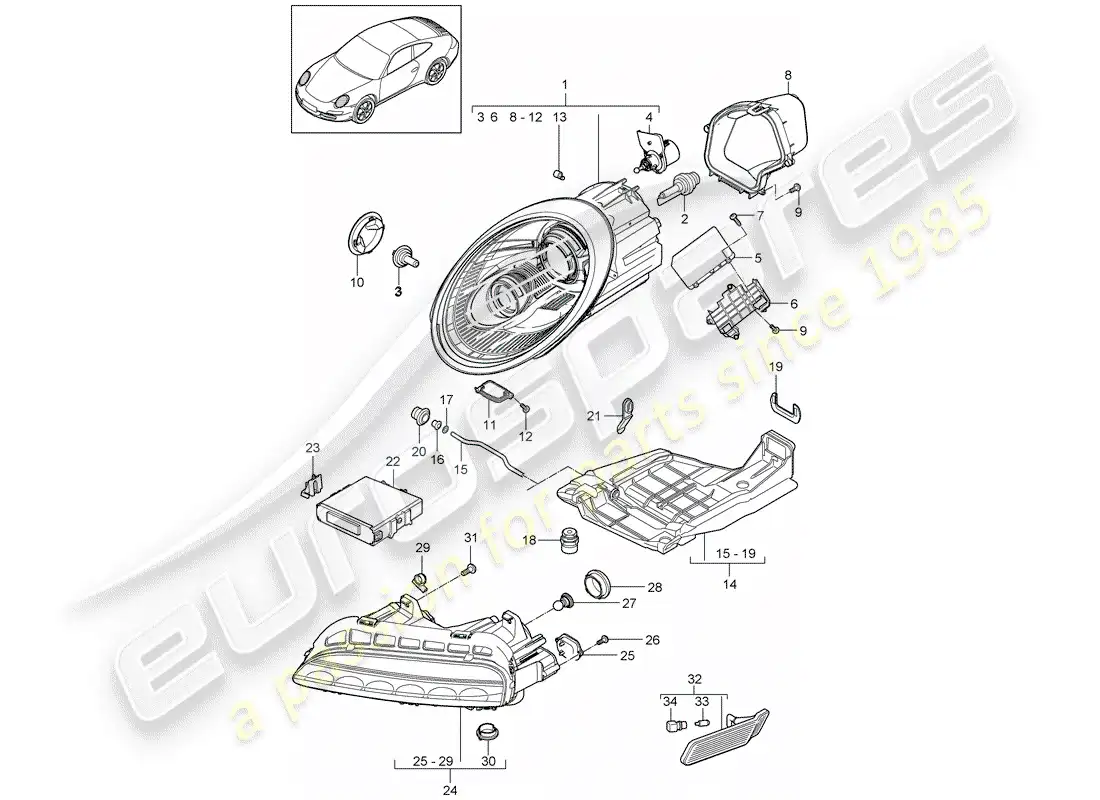 porsche 2011 (997-2) headlamp parts diagram