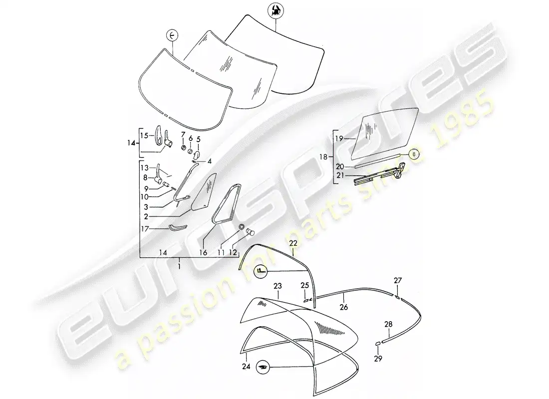 porsche 1966 (911/912) window glazing parts diagram