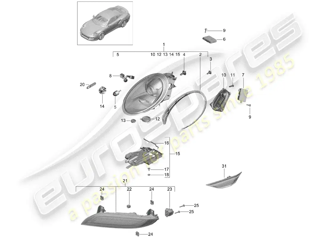 porsche 2014 (991-1 turbo) headlamp parts diagram