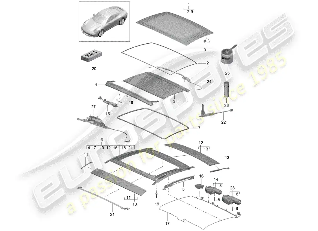 porsche 2020 (991-2) glass roof parts diagram