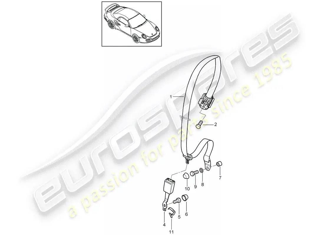 porsche 2011 (997-2 turbo / gt2 rs) seat belt parts diagram