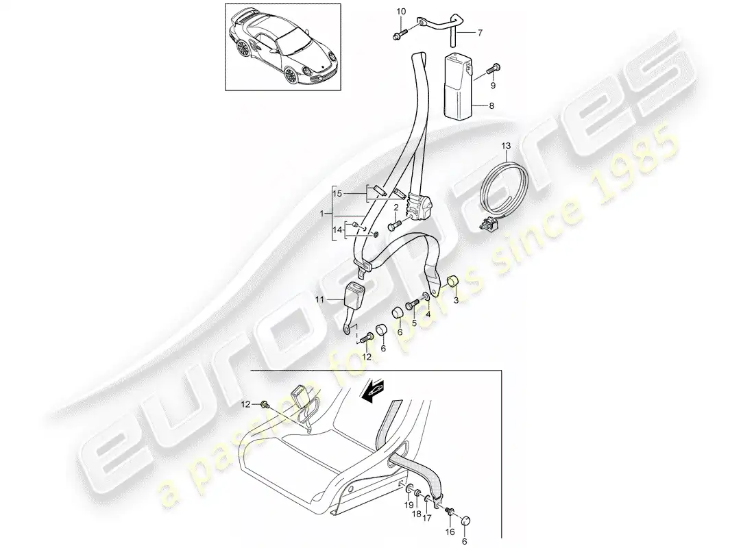 porsche 2011 (997-2 turbo / gt2 rs) seat belt parts diagram