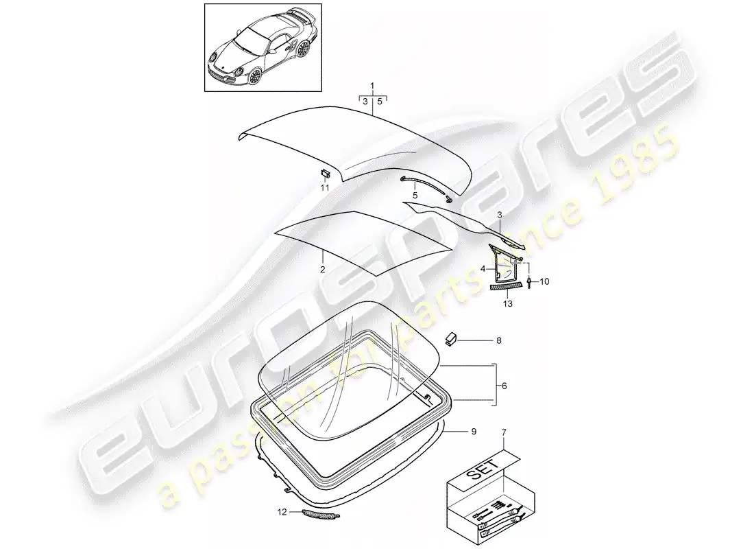 porsche 2011 (997-2 turbo / gt2 rs) convertible top covering parts diagram