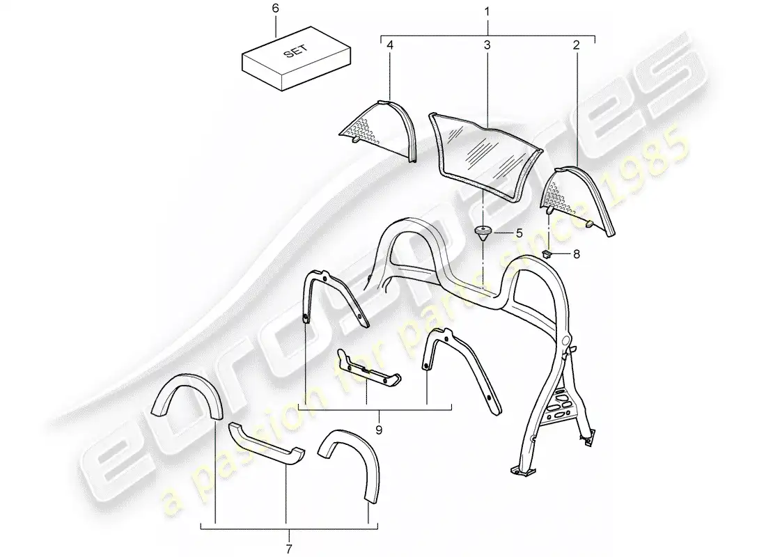 porsche 2005 (987 boxster) windscreen parts diagram
