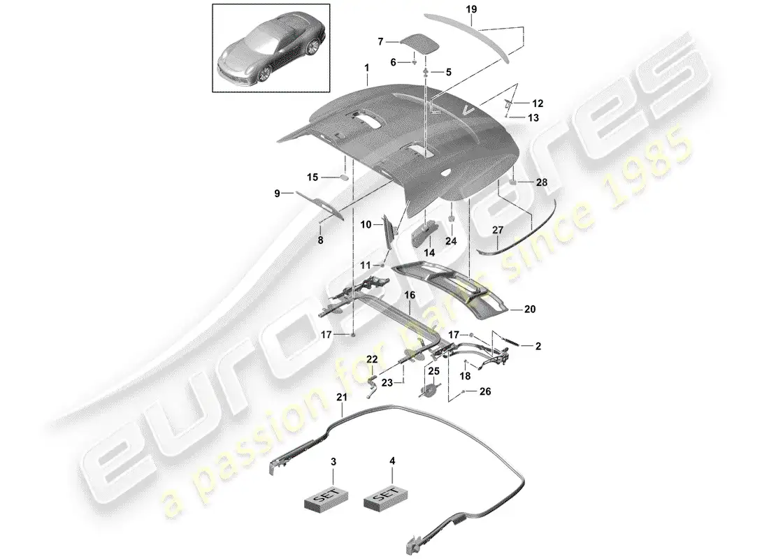 porsche 2014 (991-1 r/gt3/rs) cover for top stowage box parts diagram
