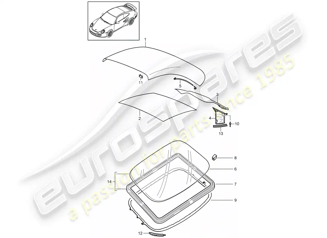 porsche 2007 (997-1 turbo / gt2) convertible top covering parts diagram