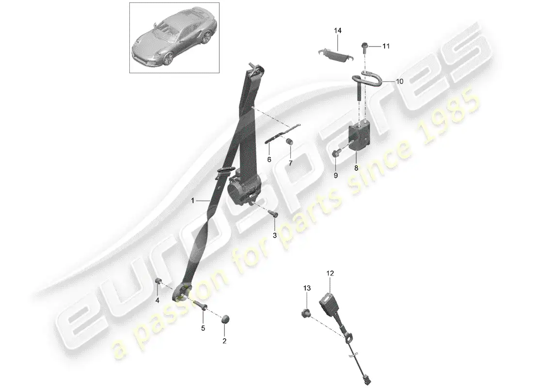 porsche 2014 (991-1 turbo) three-point seat belt parts diagram