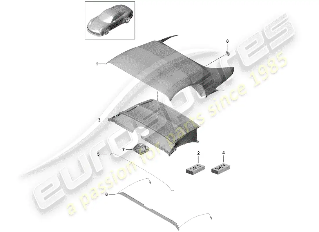 porsche 2017 (991-2 r/gt3/rs) convertible top covering parts diagram