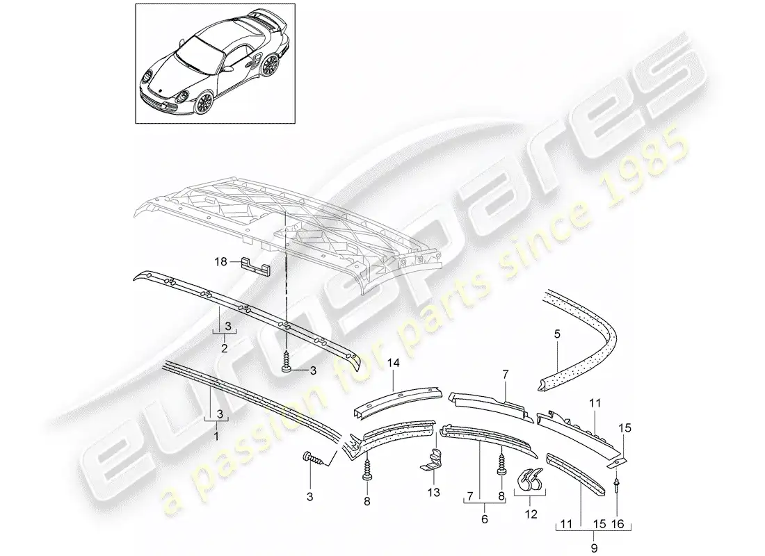 porsche 2013 (997-2 turbo / gt2 rs) convertible top parts diagram