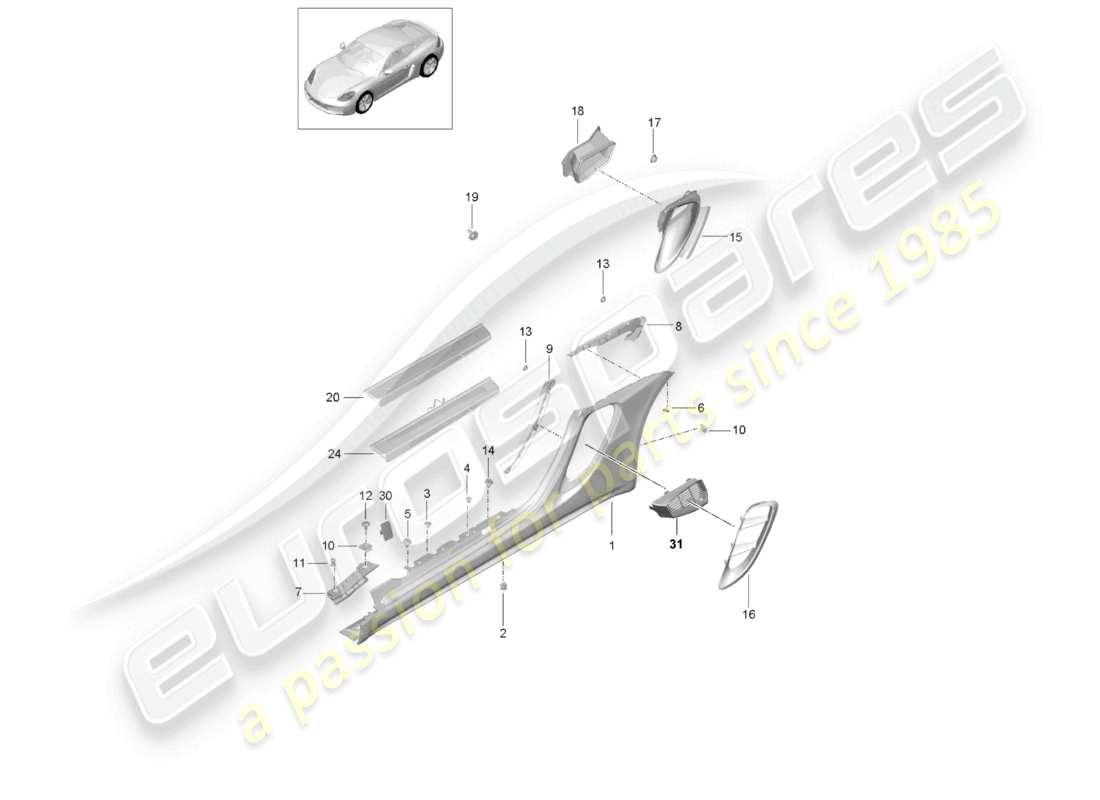 porsche 2026 (718 cayman) side member trim and air guide engine bay part diagram