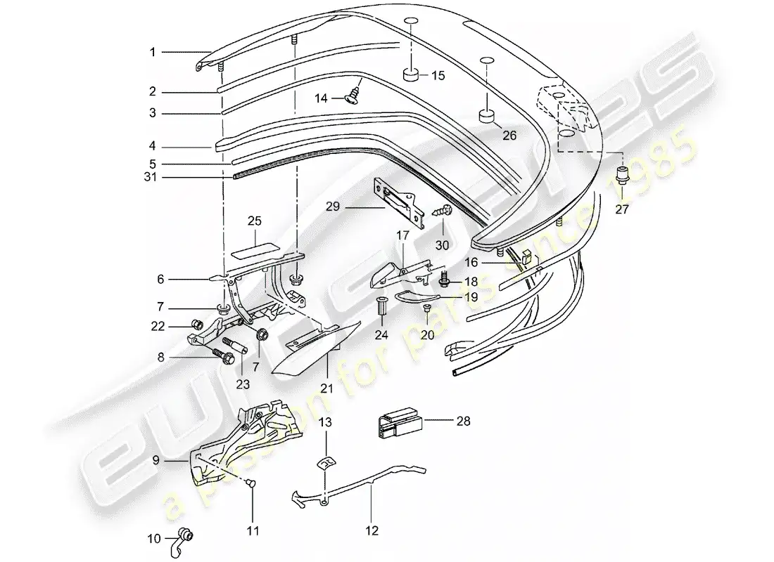 porsche 2005 (996 turbo / gt2) top stowage box - cover - gaskets parts diagram