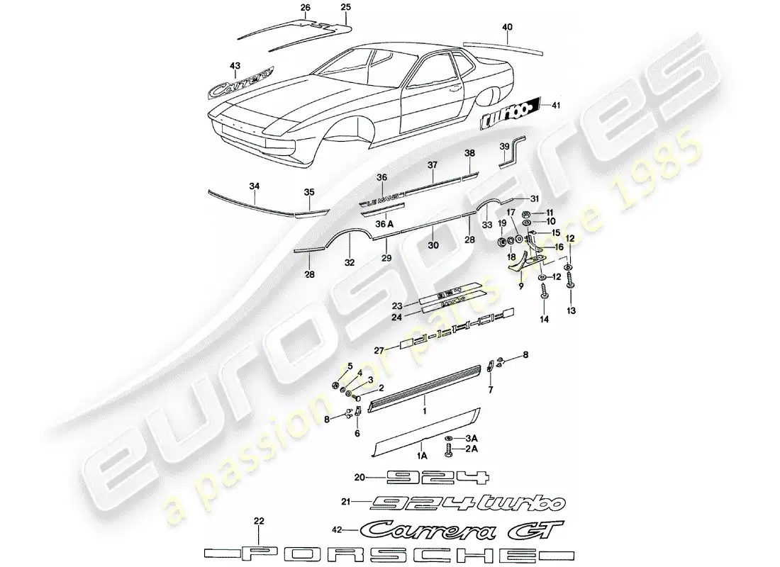 porsche 1980 (924) side member trim - nameplates - wheel opening parts diagram