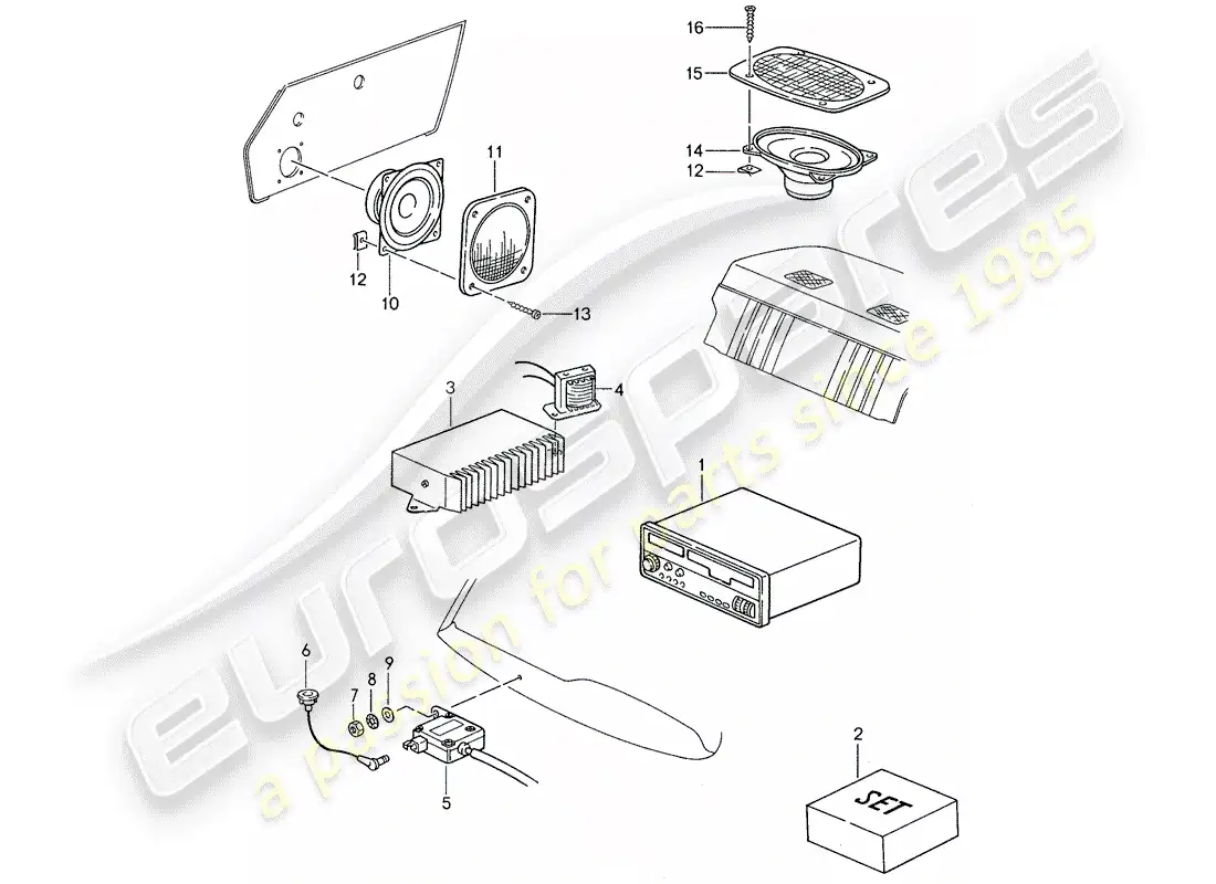 porsche 1987 (959) radio unit - loudspeaker - installation parts parts diagram