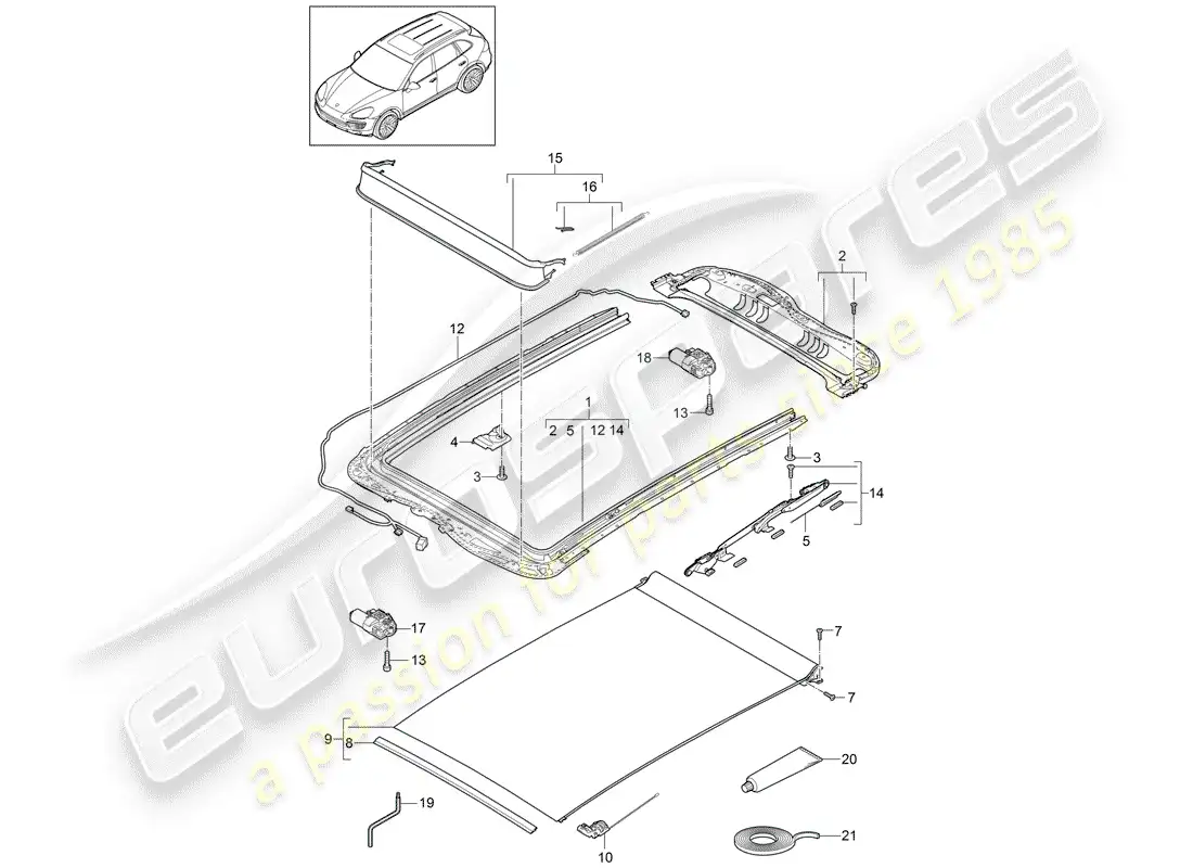 porsche 2014 (cayenne e2 92a) glass roof part diagram