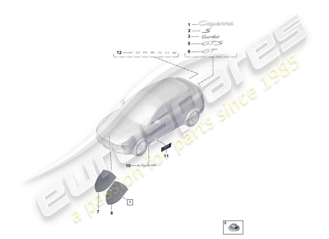porsche 2023 (cayenne e3 9ya/9yb) inscriptions/lettering upper porsche crest outer coupe part diagram