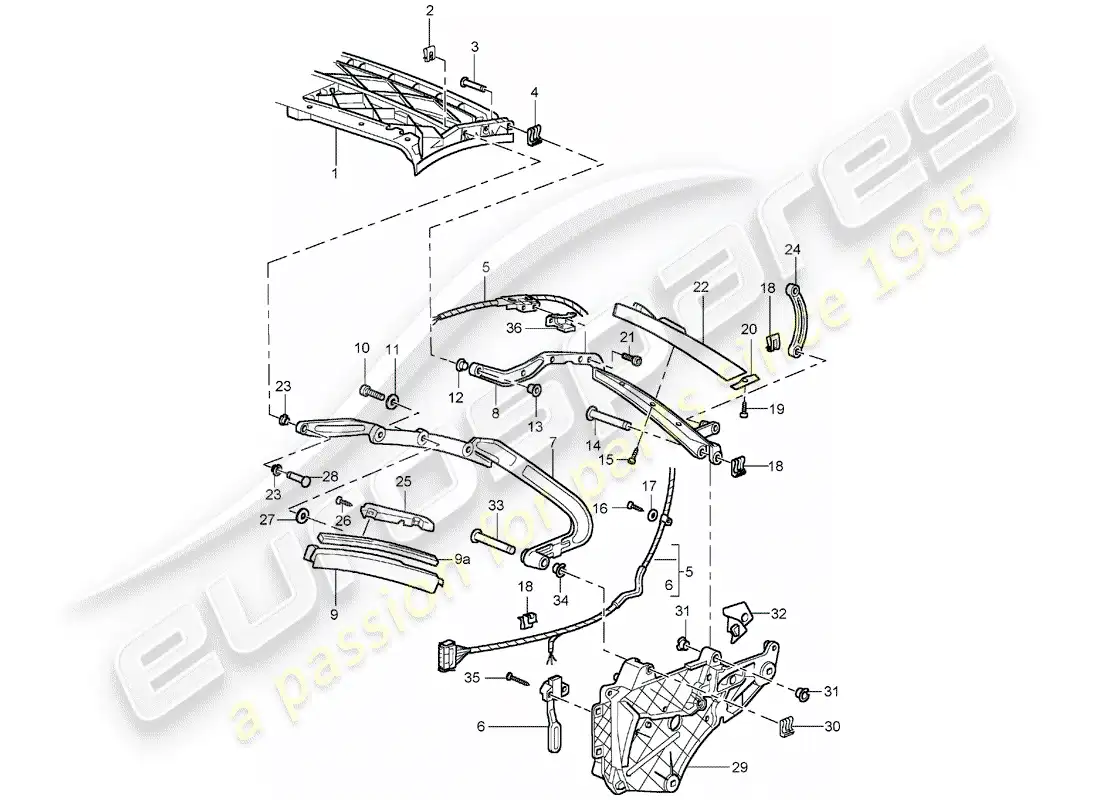 porsche 2005 (996 turbo / gt2) top frame - single parts parts diagram