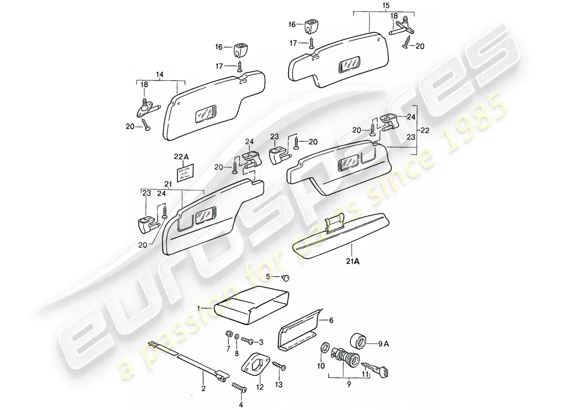 porsche 1989 (911) glove box - sun vizors parts diagram