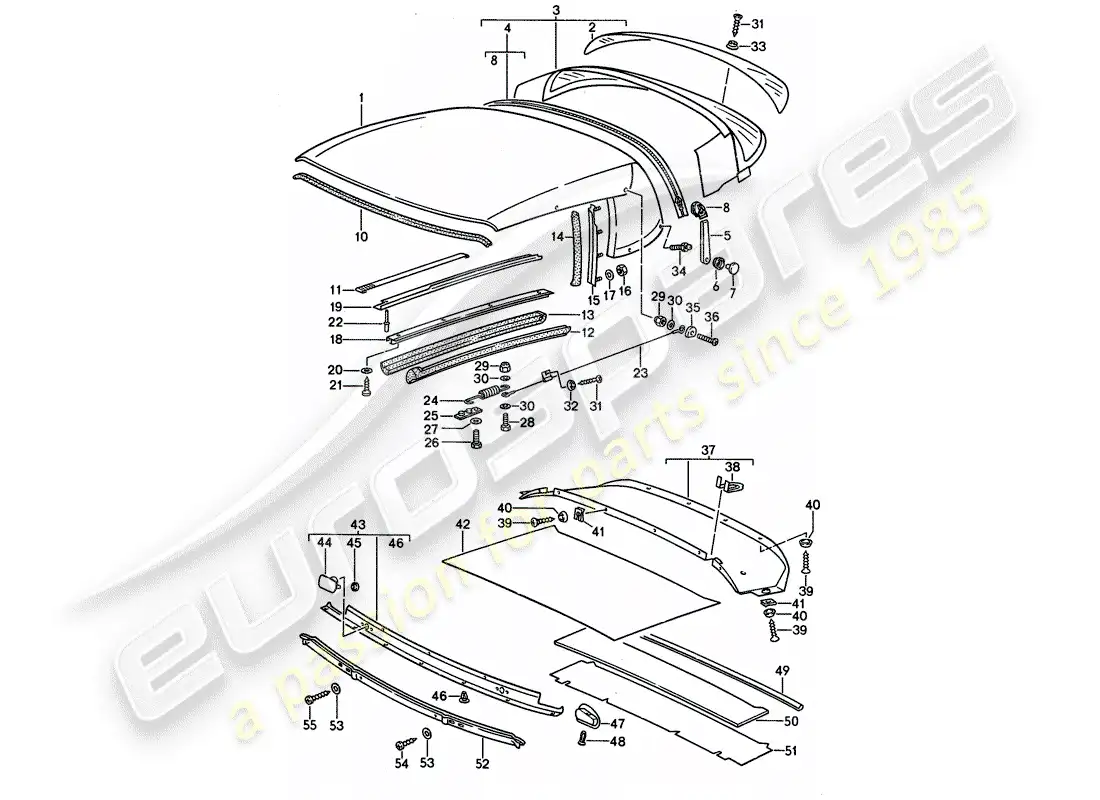 porsche 1987 (911) convertible top covering - seal strip - single parts parts diagram