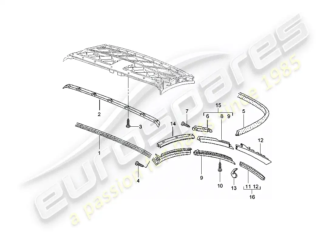 porsche 2005 (996 turbo / gt2) convertible top - seal strip parts diagram