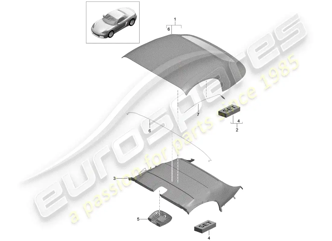 porsche 2018 (718 boxster) convertible top covering parts diagram