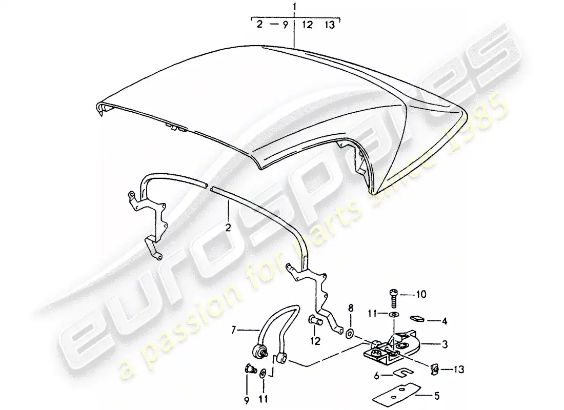porsche 1989 (964) folding top - complete - main bow - single parts parts diagram