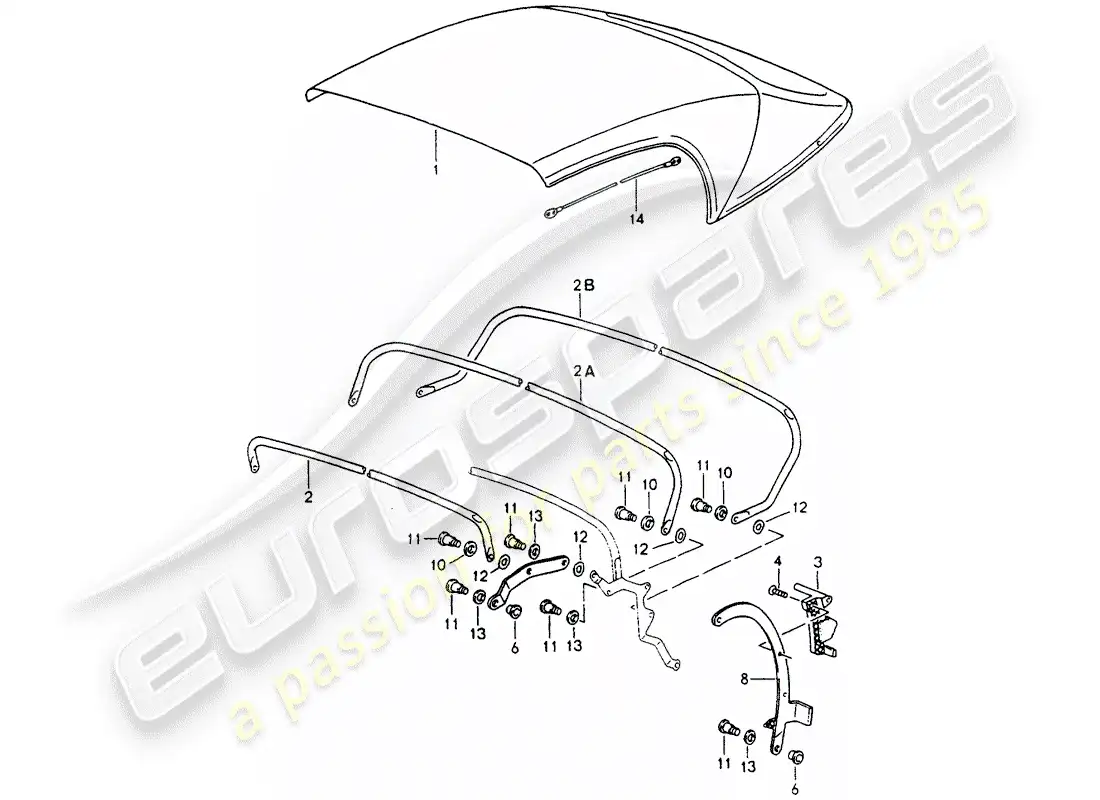 porsche 1989 (964) convertible top covering - top frame - single parts parts diagram