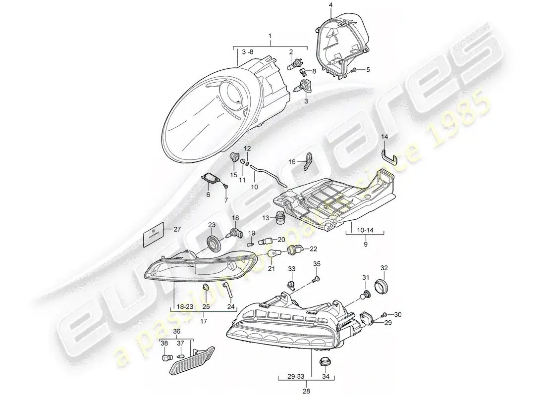 porsche 2009 (997-2 gt3) headlamp parts diagram