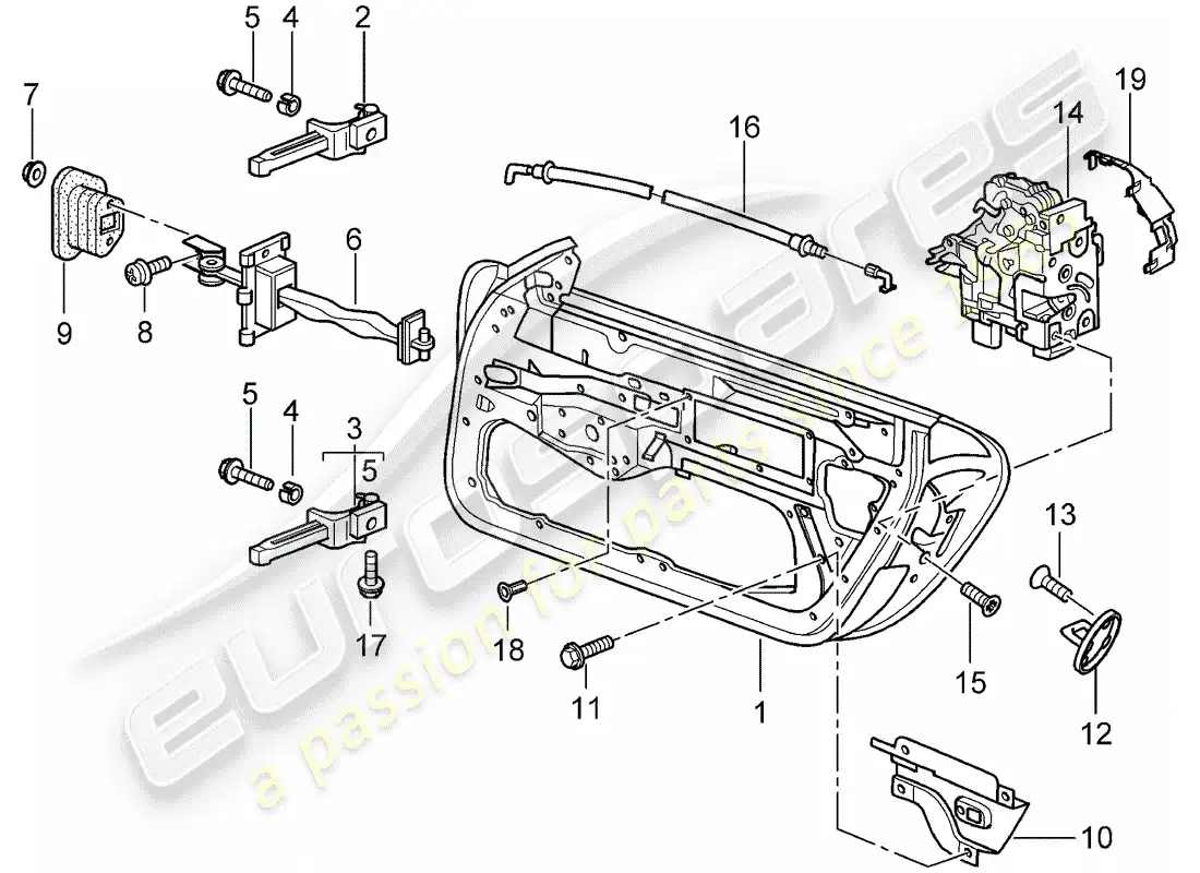 porsche 2001 (986 boxster) door shell - door latch parts diagram