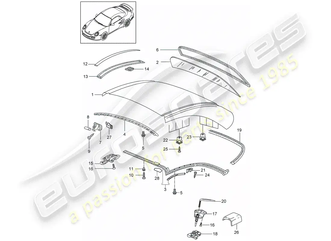 porsche 2007 (997-1 turbo / gt2) hardtop parts diagram