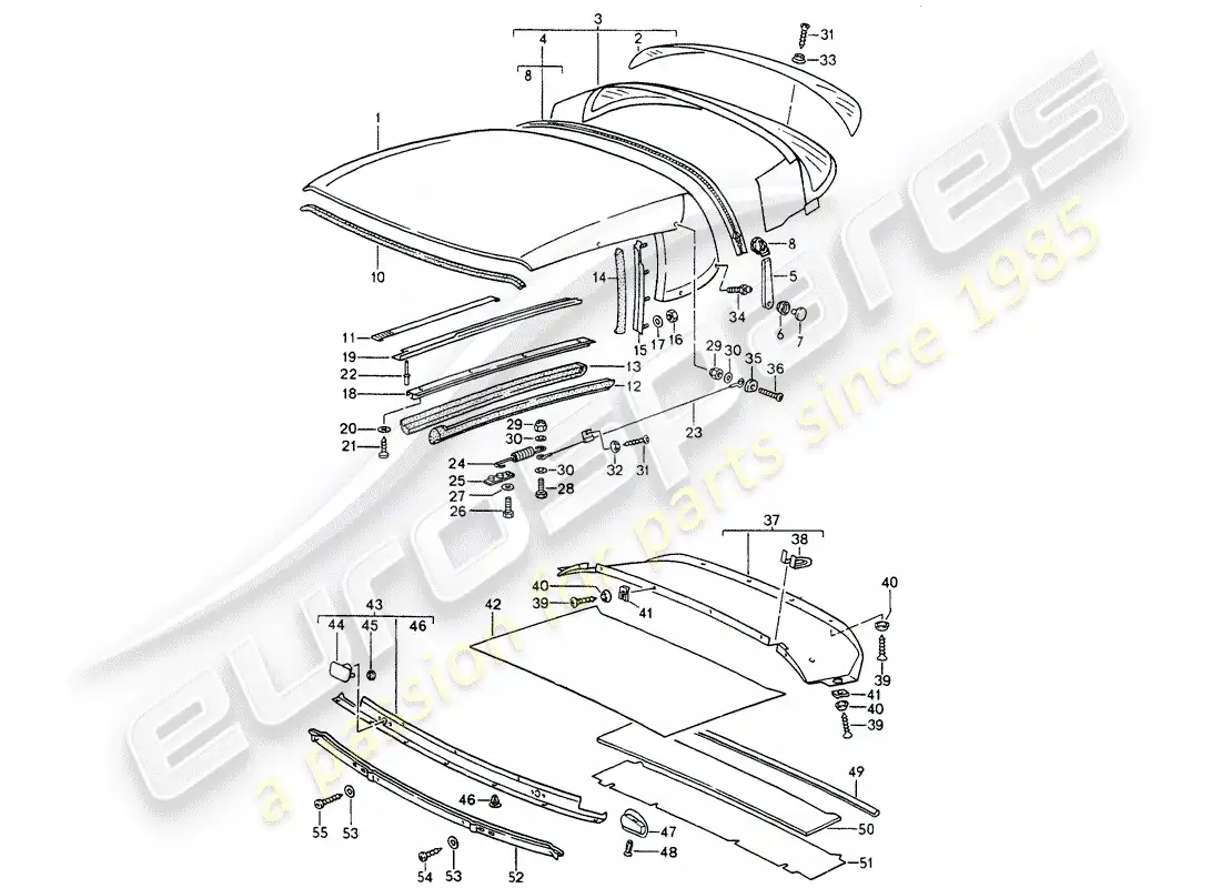porsche 1994 (964) convertible top covering - seal strip - single parts parts diagram